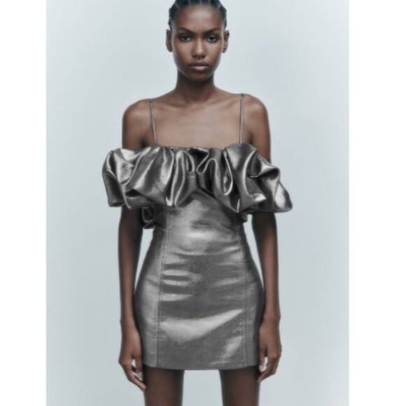 Zara Metallic Chrome Silver Spaghetti Strap Mini Dress Ruffle Neckline Medium - Picture 1 of 10